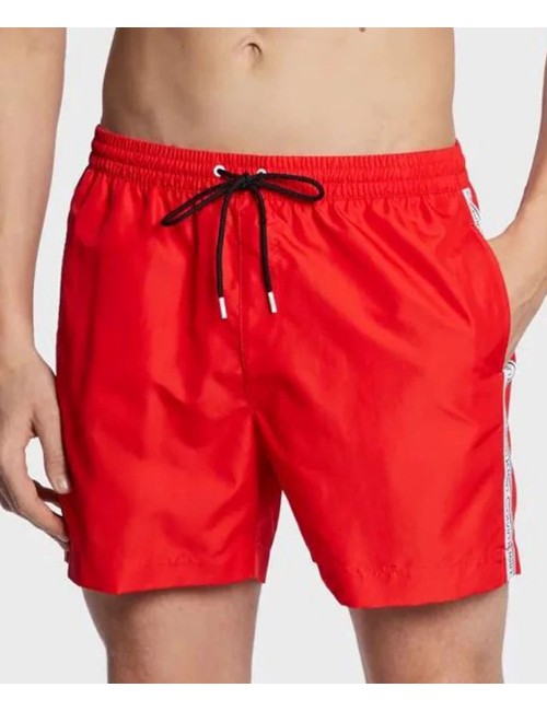 Ck - pantaloncini da bagno con cordoncino medio - logo tape km0km00810-xne cajun red