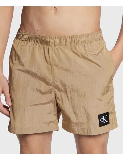 Ck - pantaloncini da bagno con cordoncino medio - ck nylon km0km00819-ab0 tawny sand