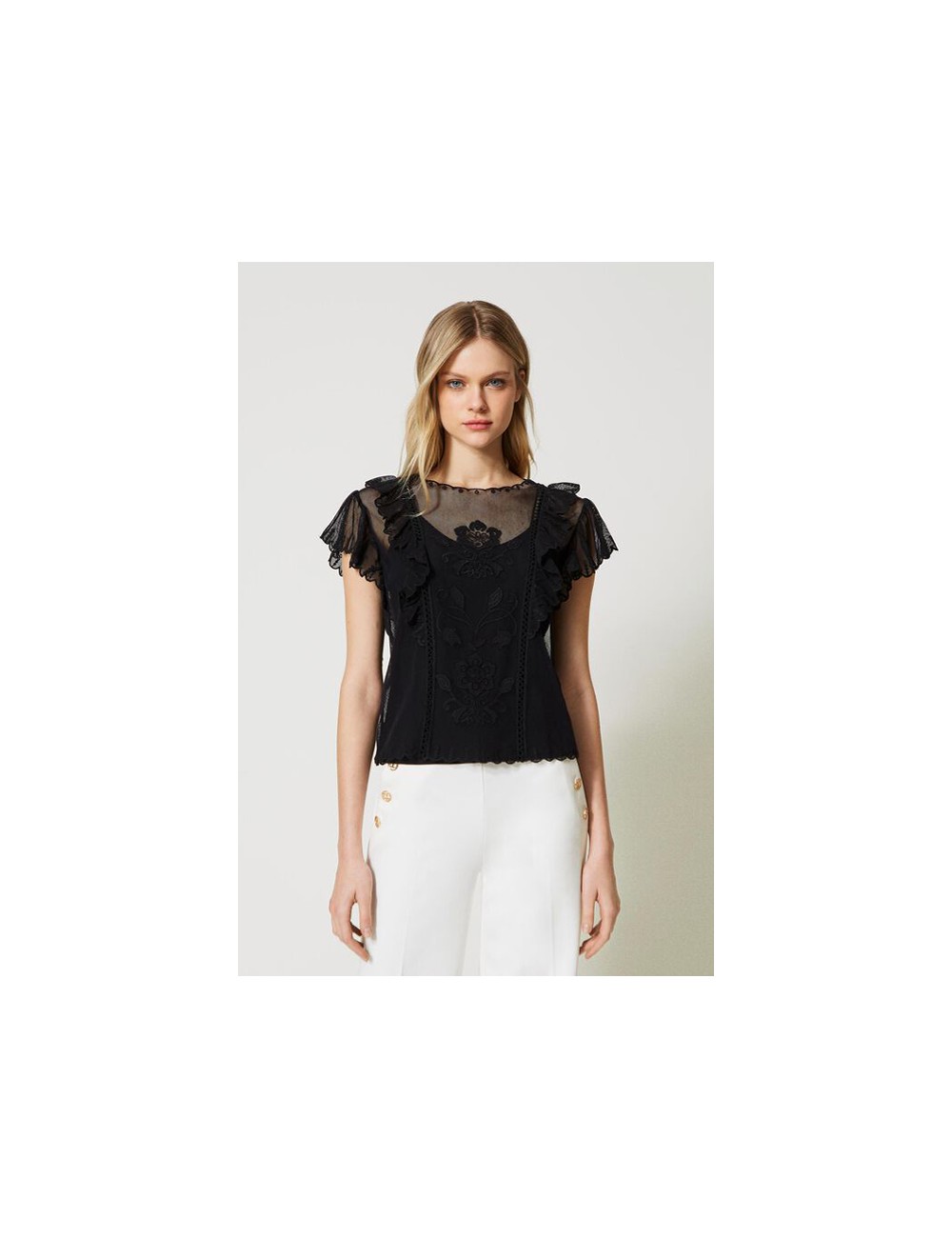 Twinset - top in rete con ricamo a mano 231tp2023 00006 nero