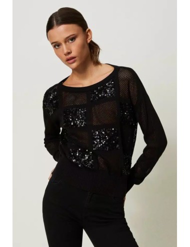 Twinset - maglia in punto rete e paillettes nero 241lb32bb 00006