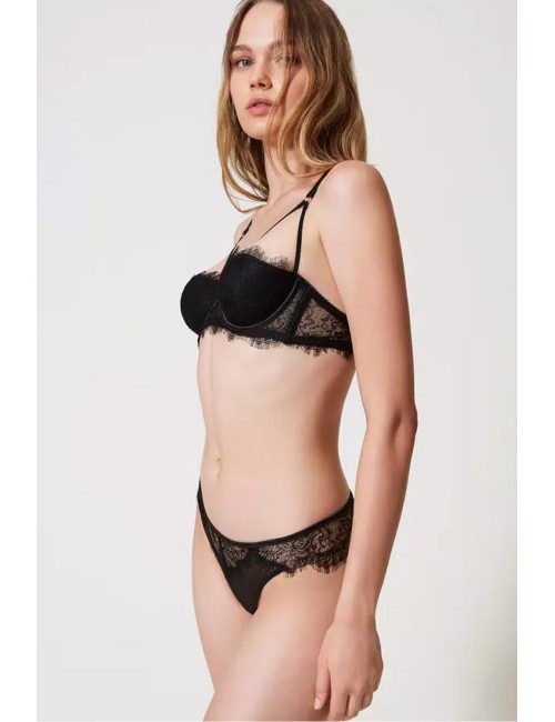 Twinset - slip brasiliana in pizzo e tulle nero 242ll6j77 00006