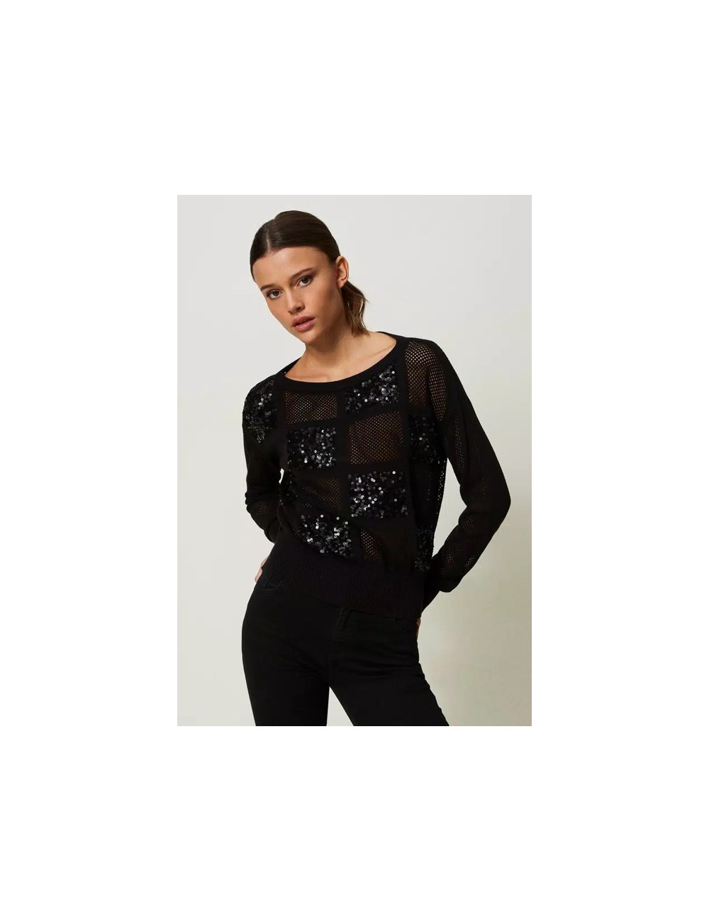 Twinset - maglia in punto rete e paillettes nero 241lb32bb 00006