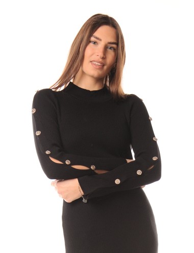 Lokita - abito in maglia costina applicazioni maniche 1269 lok3026 nero