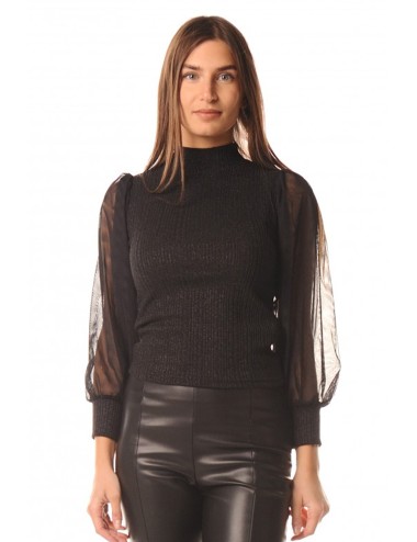 Lokita - blusa costine lurex con maniche in tulle 160 lok12774 nero