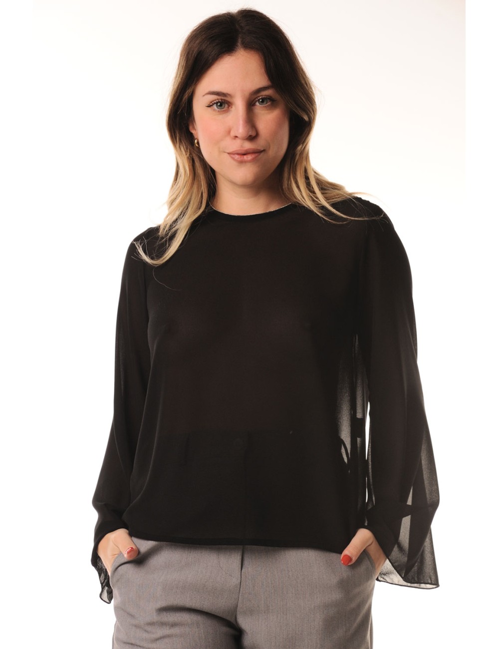 Lokita - blusa georgette manica campana 260 lok23629 nero