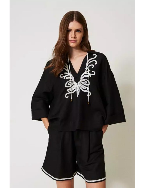 Blusa in misto lino con ricami  nero/madreperla 251lb2fcc 02710