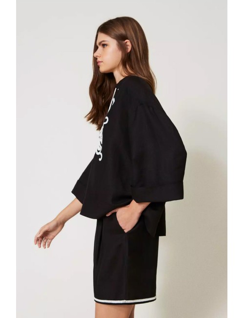 Blusa in misto lino con ricami  nero/madreperla 251lb2fcc 02710